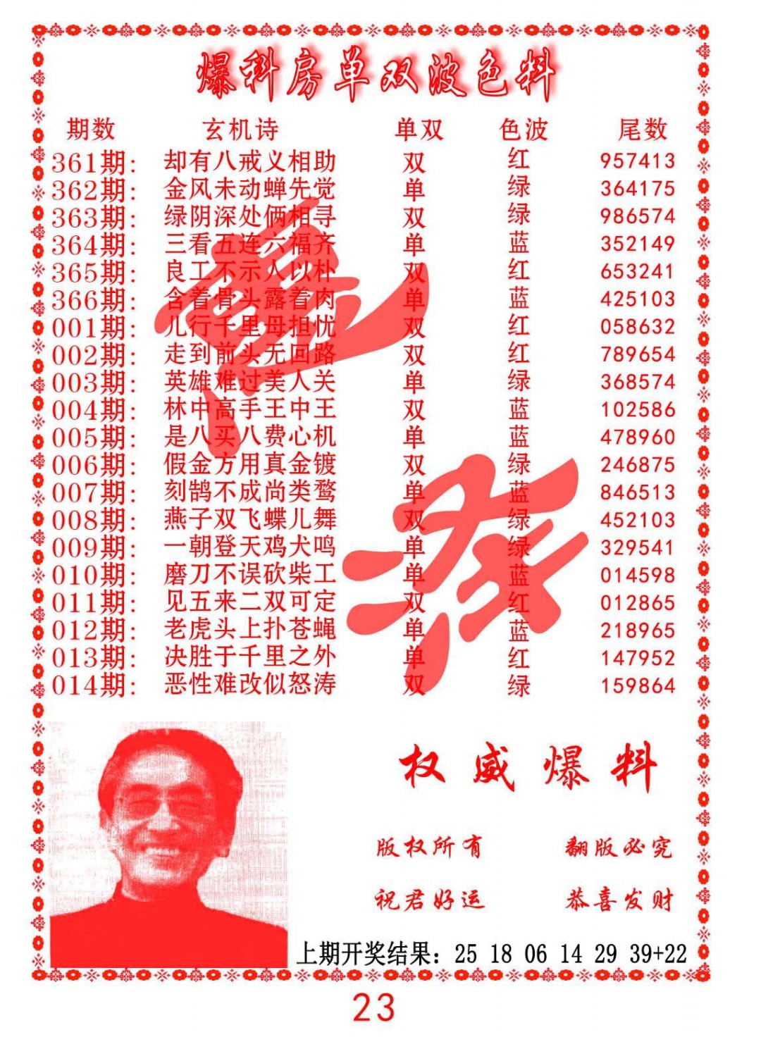 002期爆料房单双波色料[图]