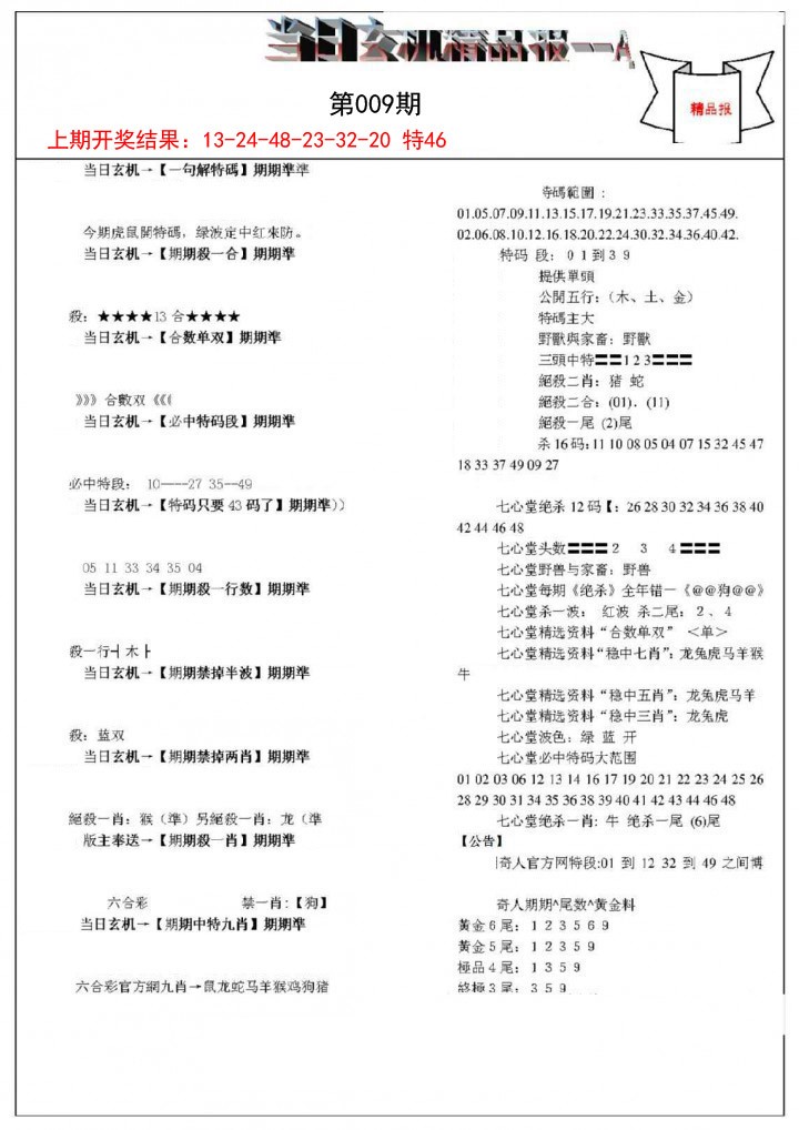 009期当日玄机精品报A[图]