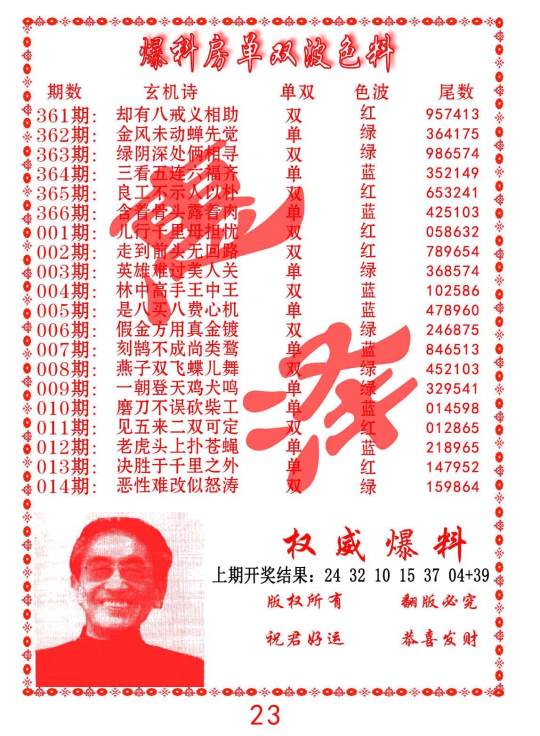 013期爆料房单双波色料[图]