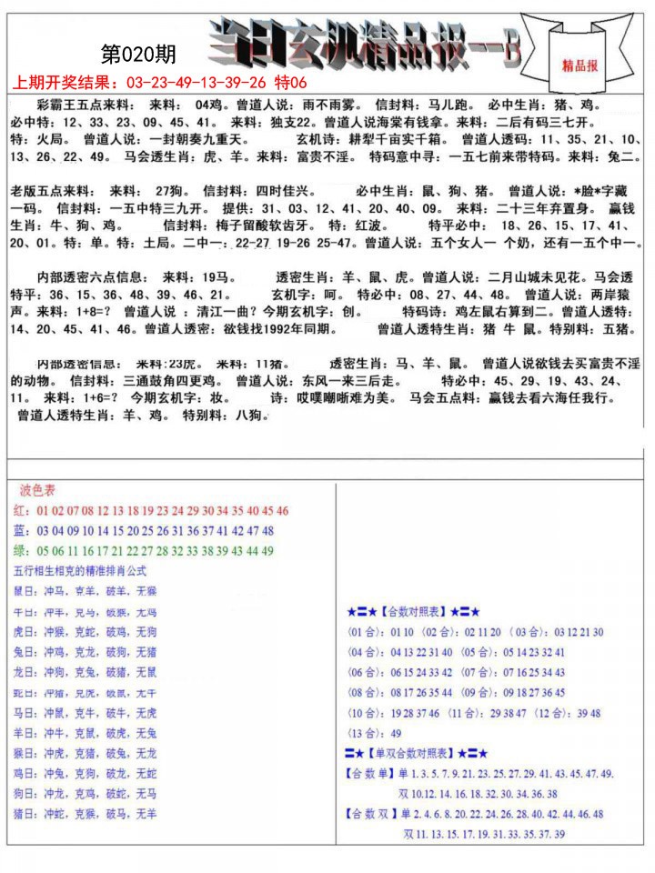 020期当日玄机精品报B[图]