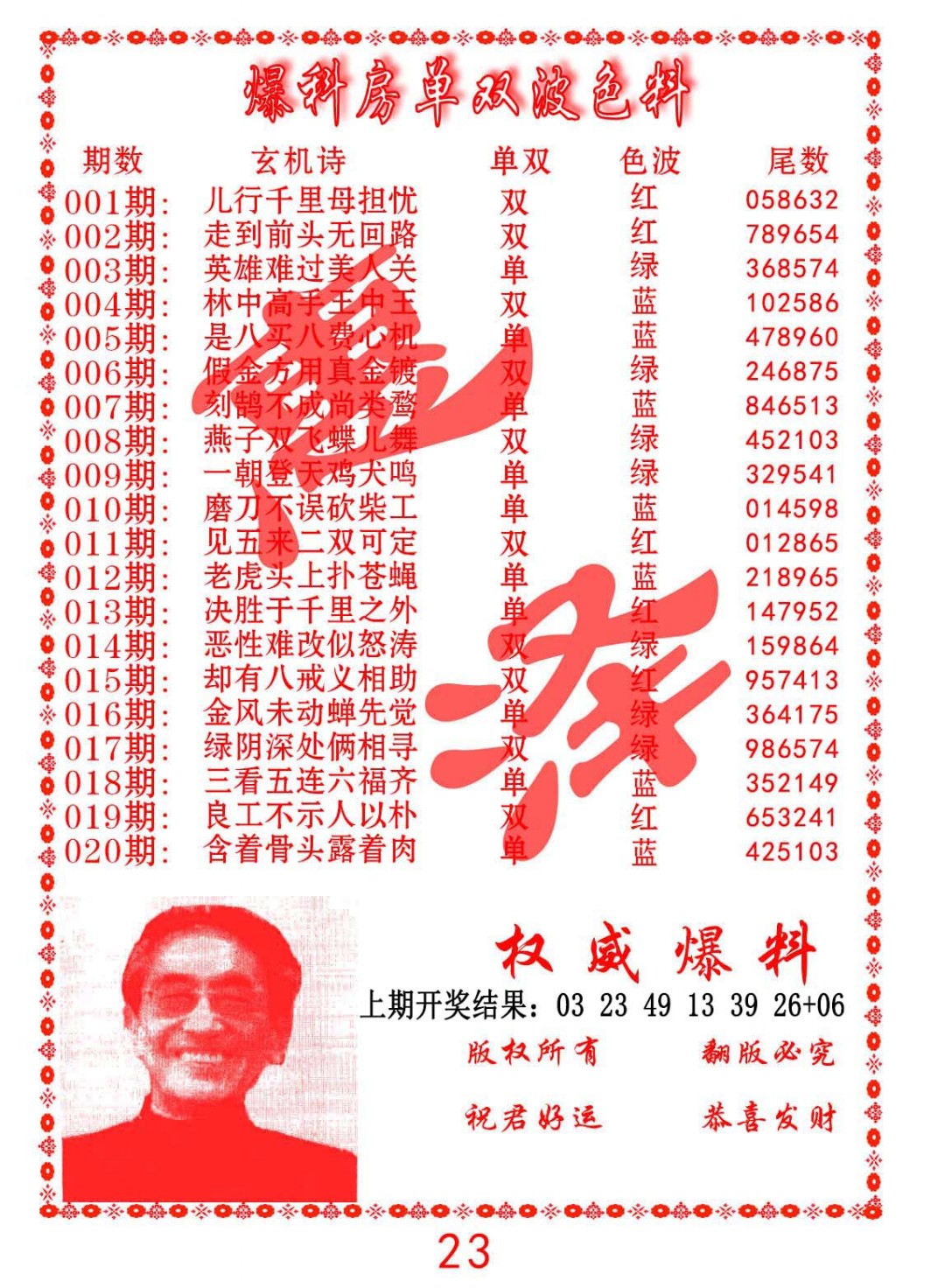 020期爆料房单双波色料[图]