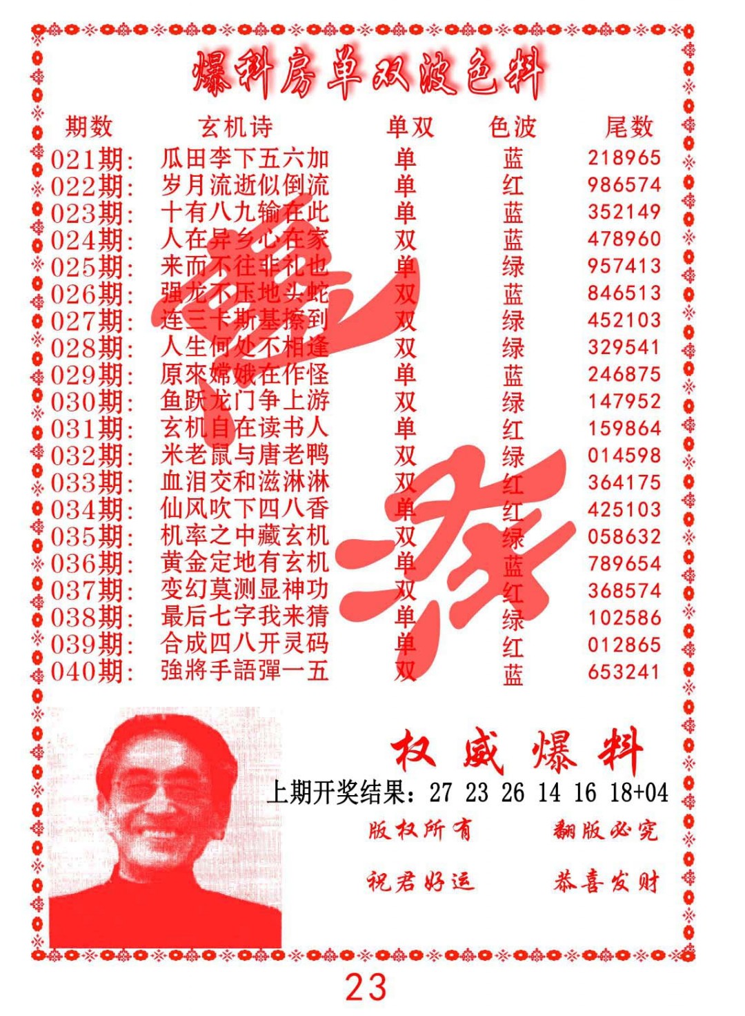 023期爆料房单双波色料[图]