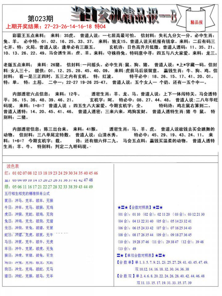 023期当日玄机精品报B[图]
