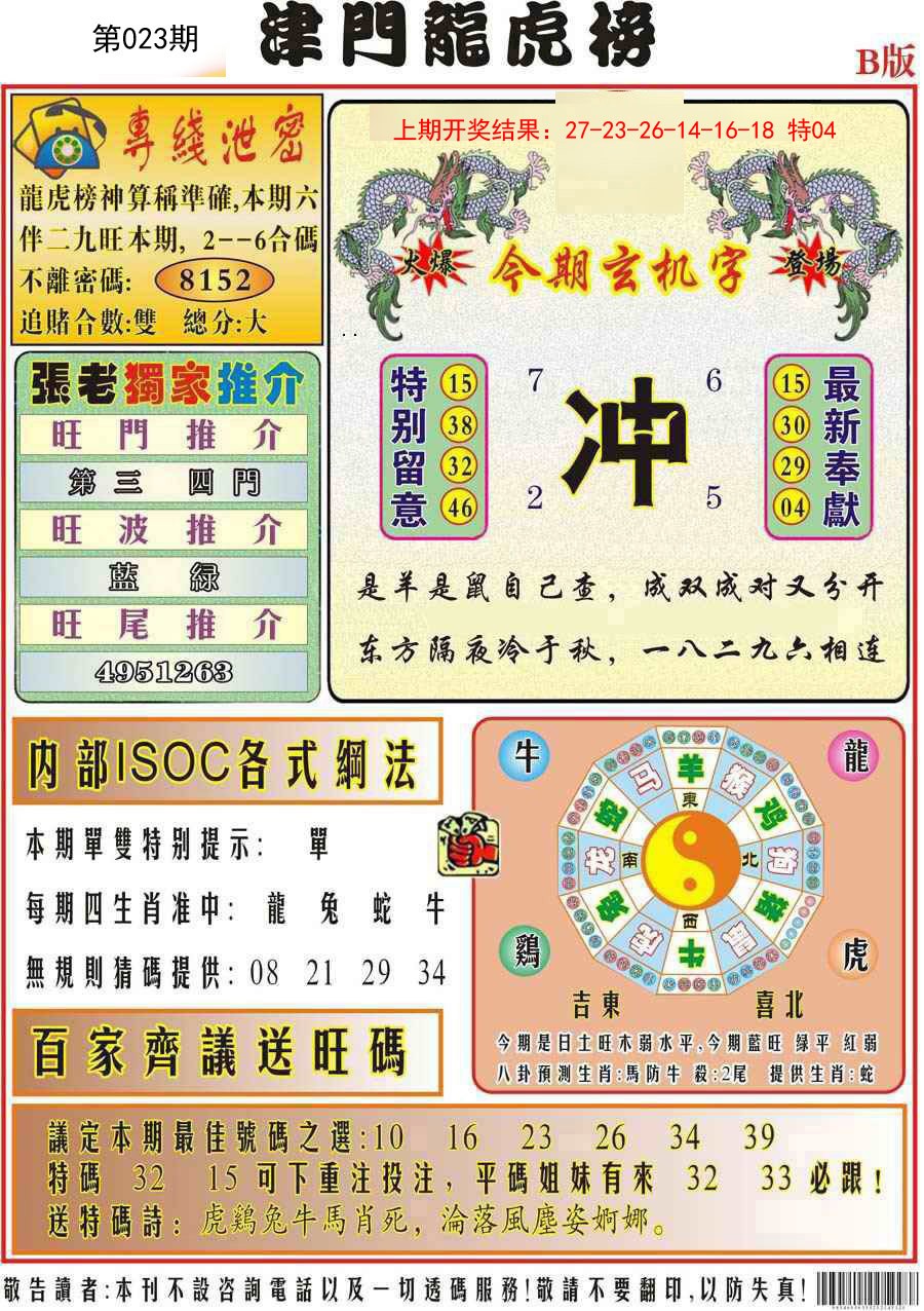 023期津门龙虎榜B[图]