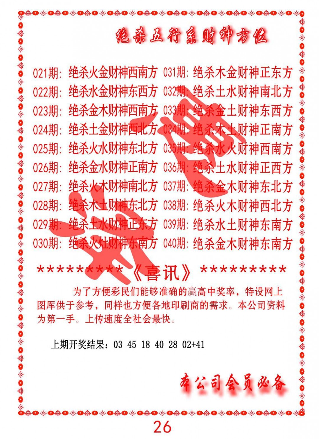 025期绝杀五行及财神方位[图]