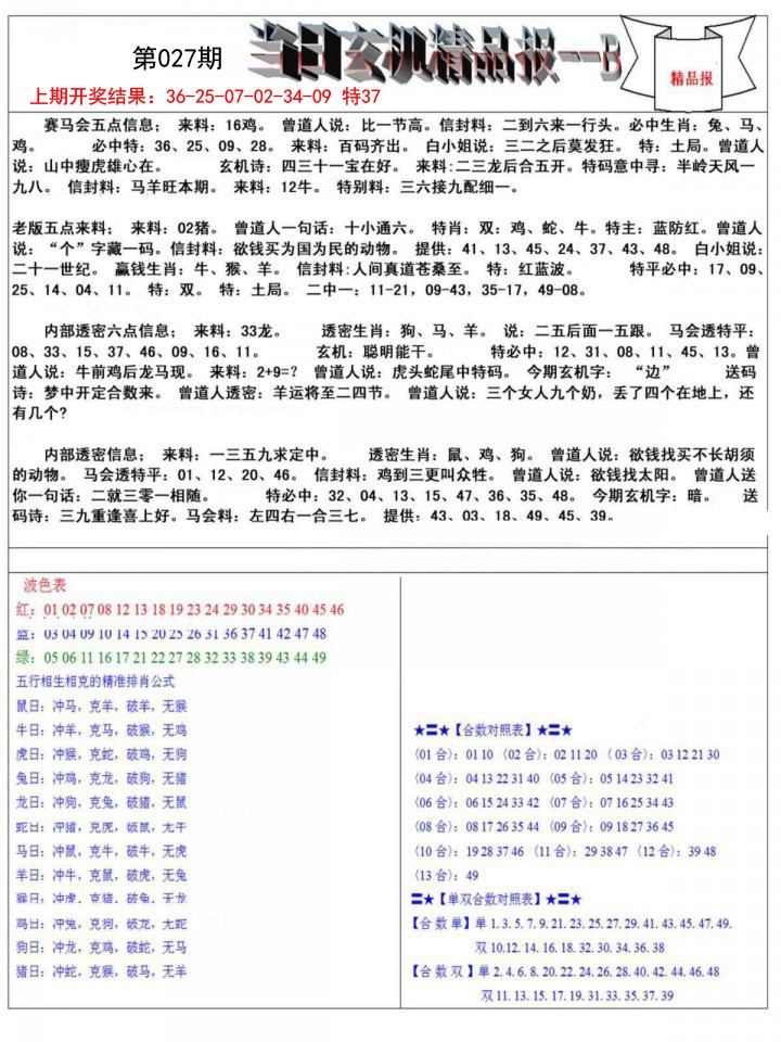 027期当日玄机精品报B[图]