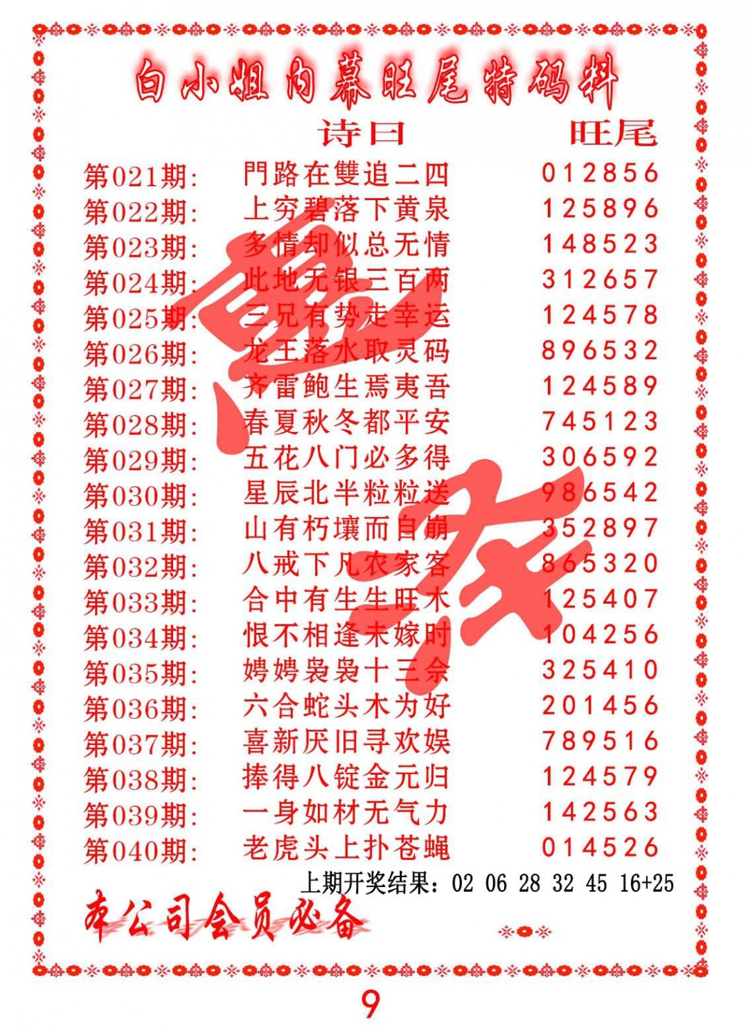028期内幕旺尾特码料[图]