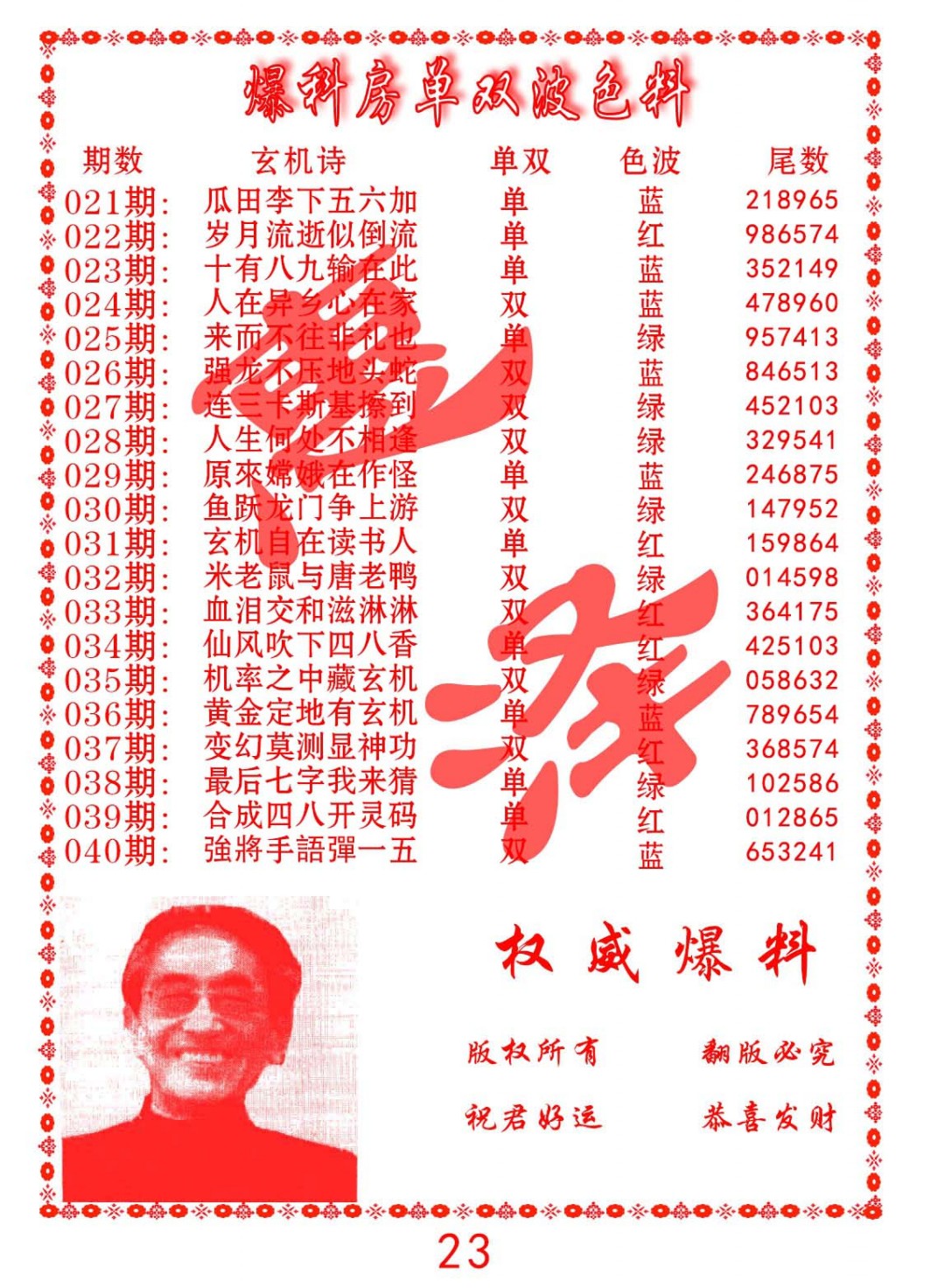 029期爆料房单双波色料[图]