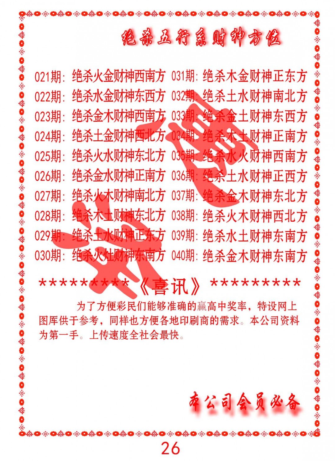 029期绝杀五行及财神方位[图]