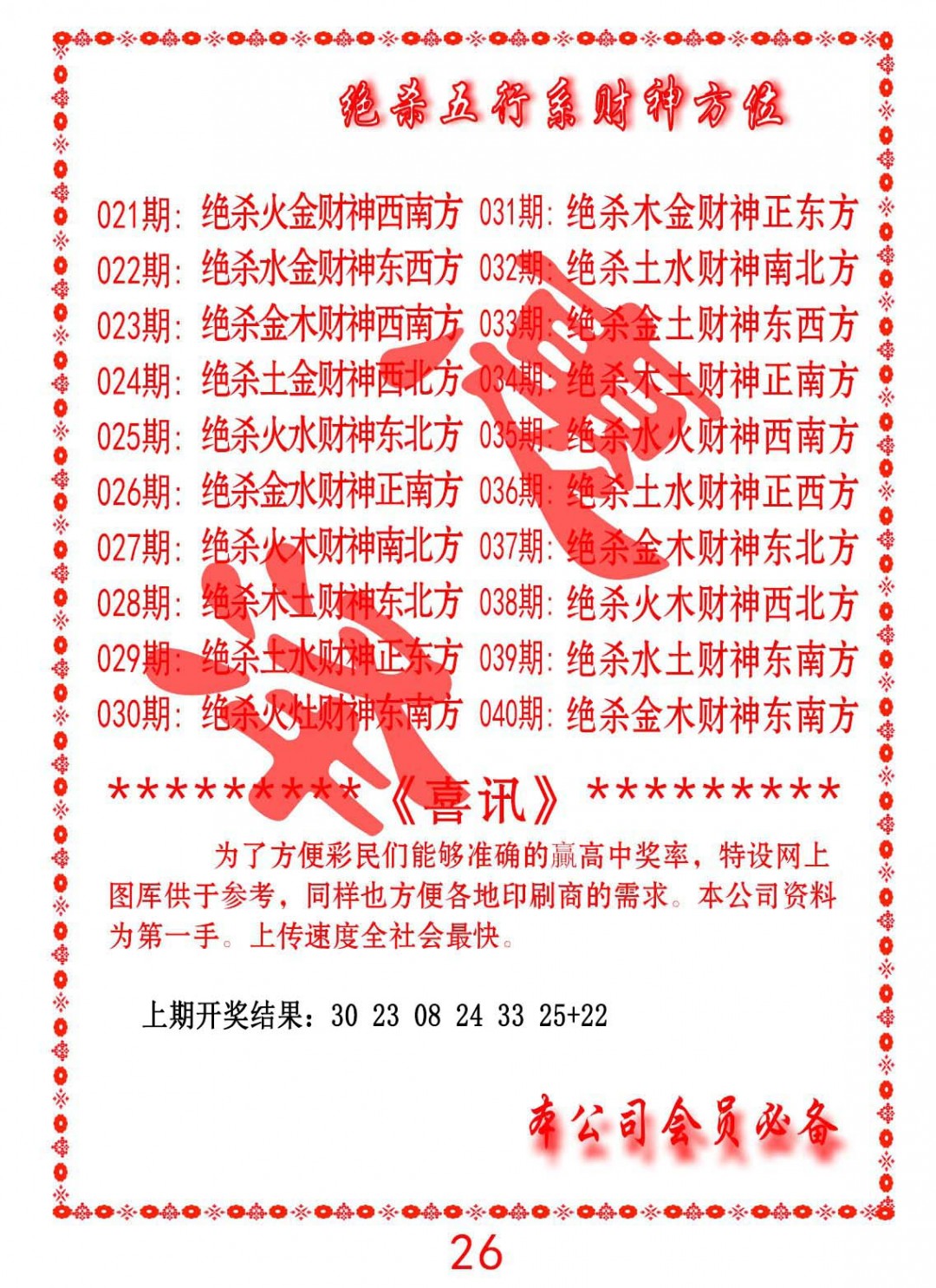 032期绝杀五行及财神方位[图]