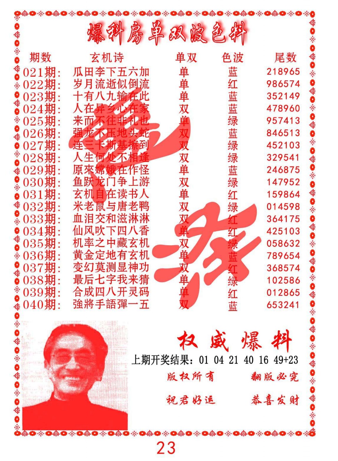 035期爆料房单双波色料[图]