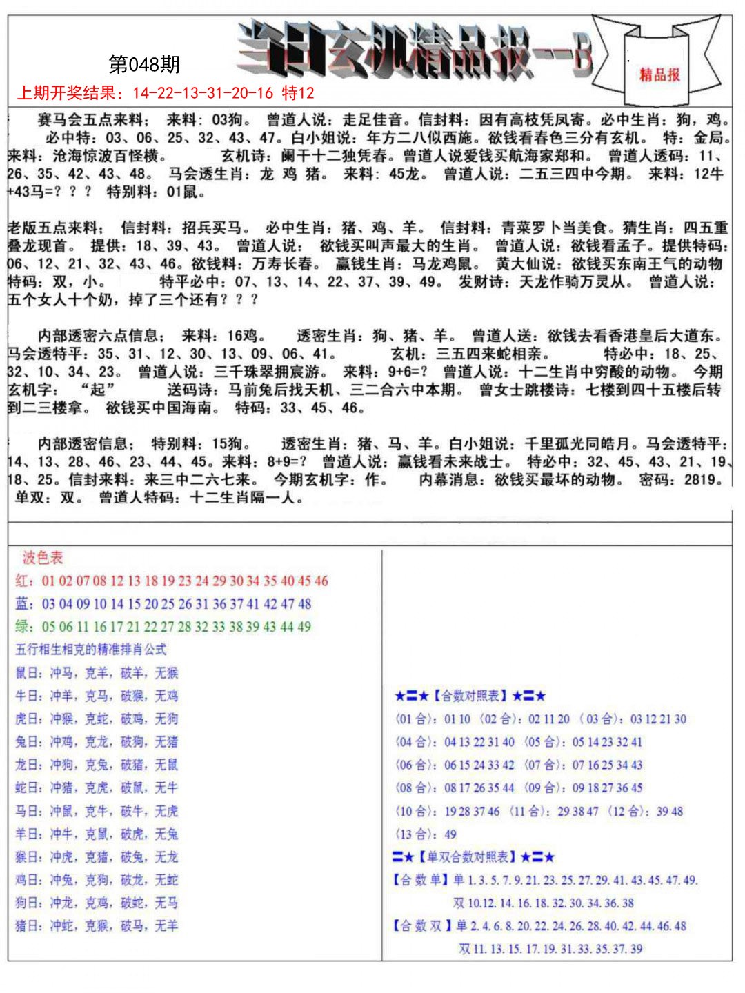048期当日玄机精品报B[图]