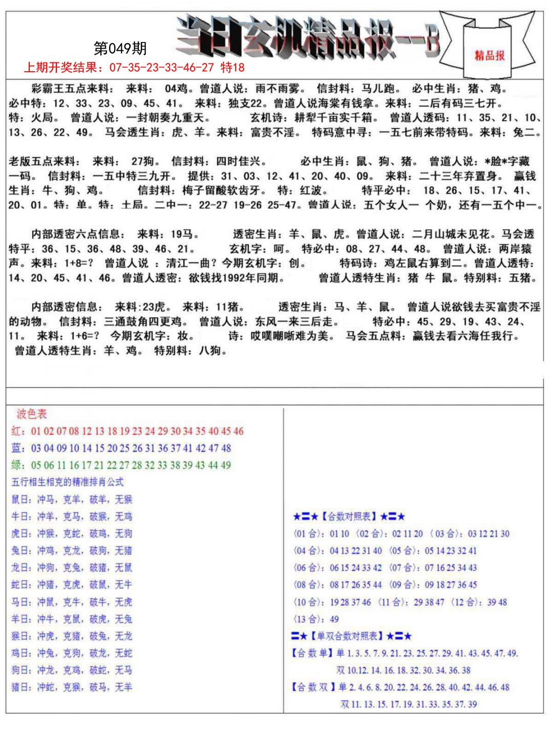 049期当日玄机精品报B[图]