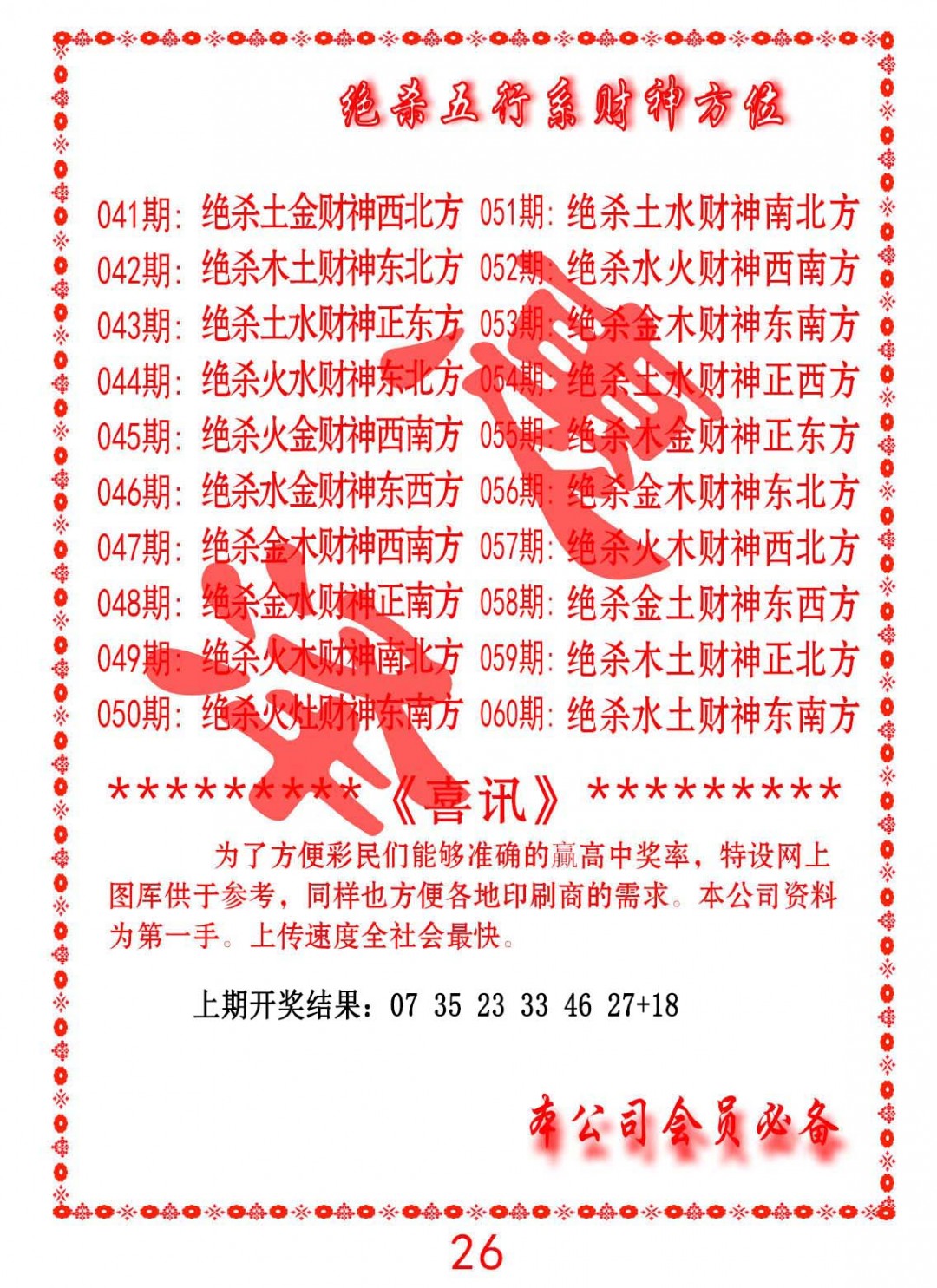 049期绝杀五行及财神方位[图]