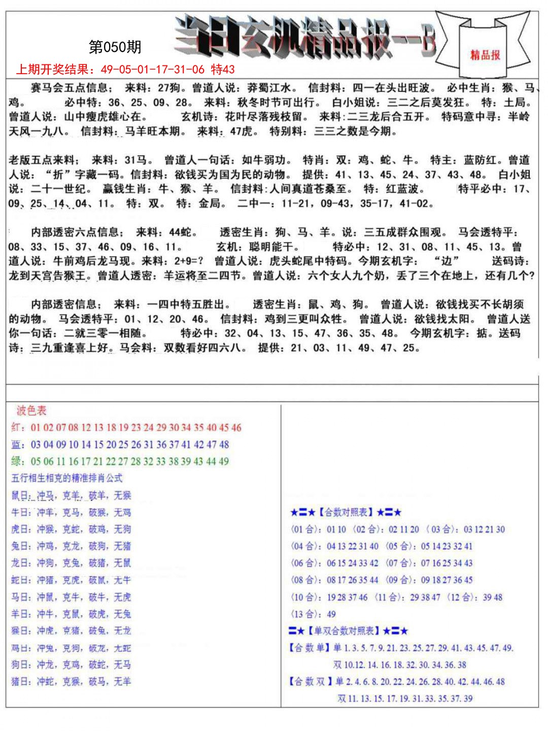 050期当日玄机精品报B[图]