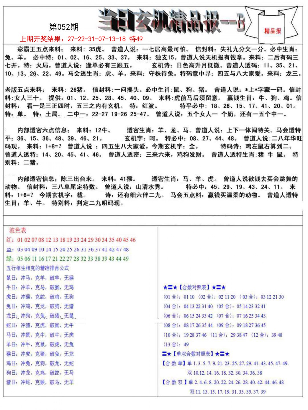 052期当日玄机精品报B[图]