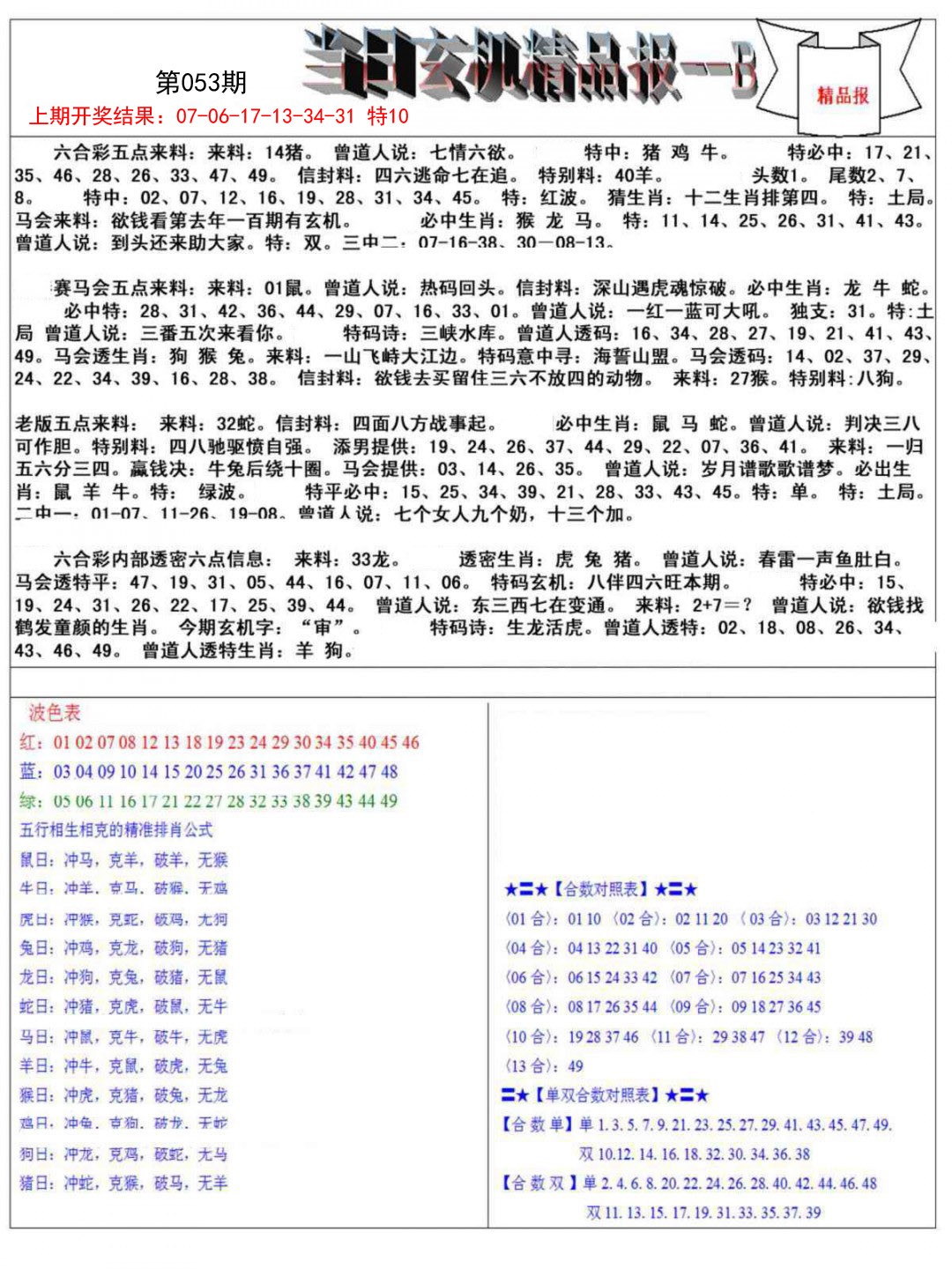 053期当日玄机精品报B[图]