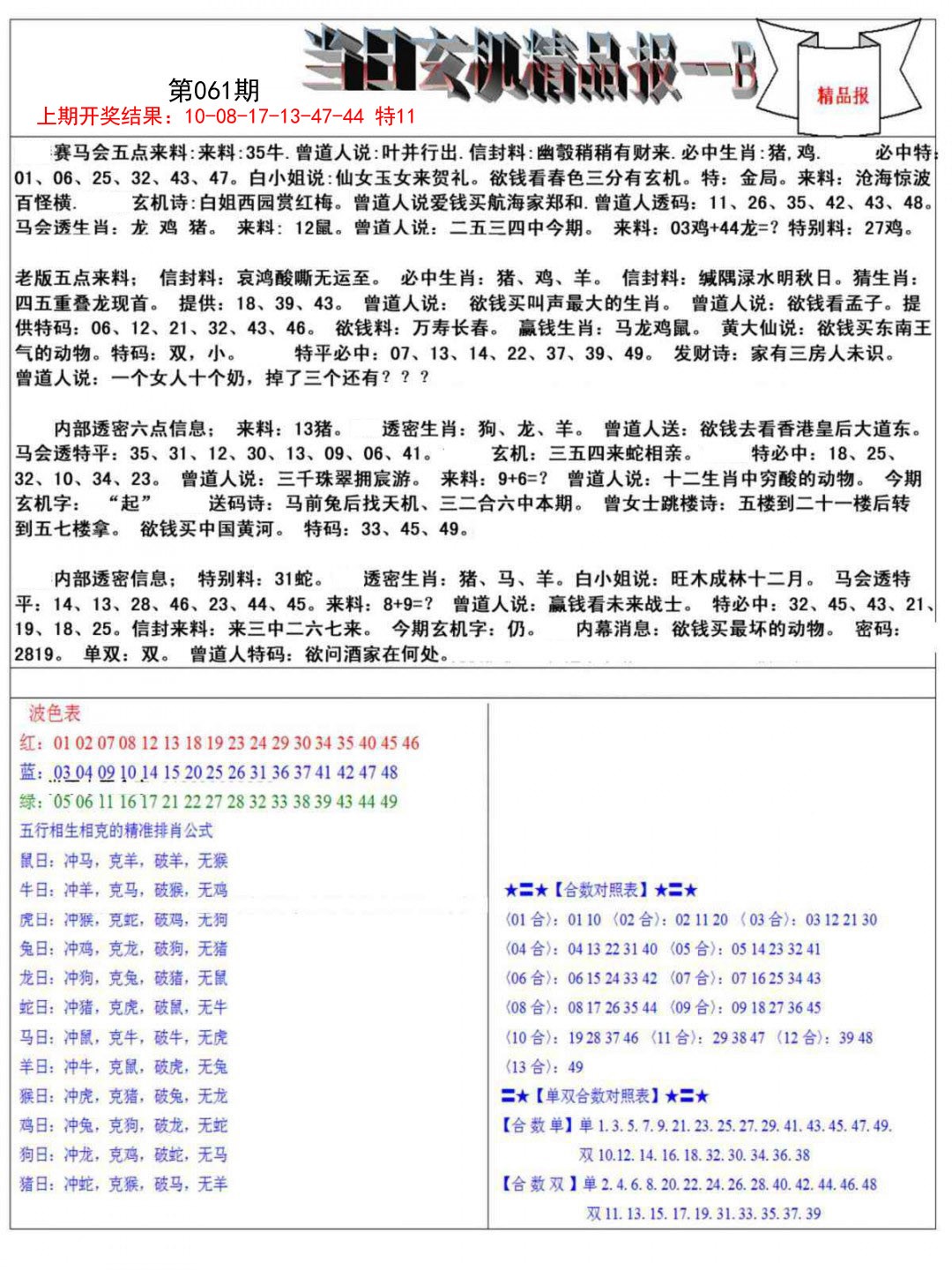 061期当日玄机精品报B[图]