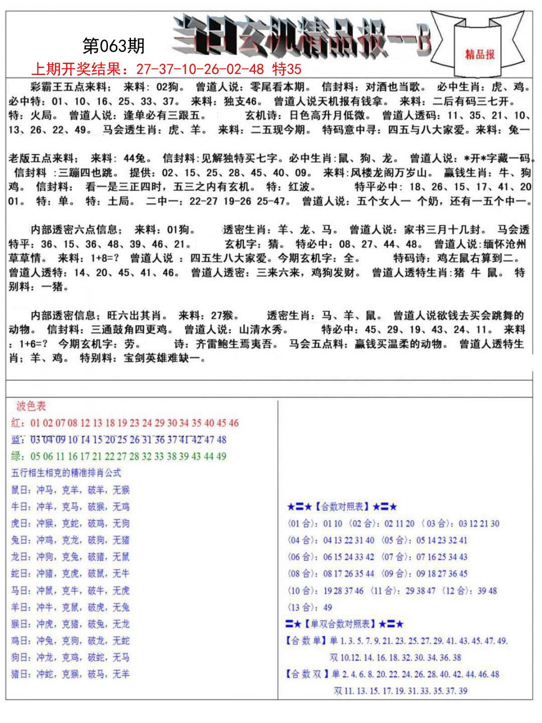 063期当日玄机精品报B[图]