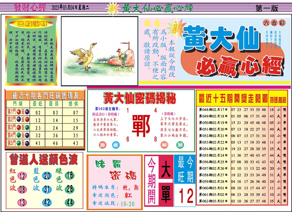 063期黄大仙必赢心经A[图]