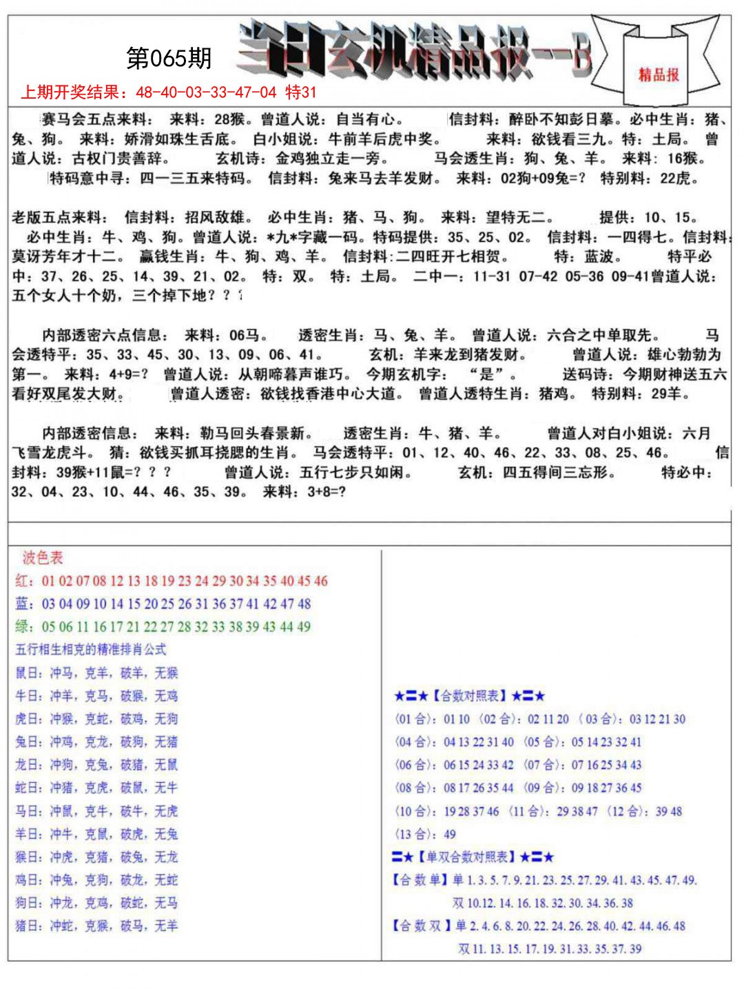 065期当日玄机精品报B[图]