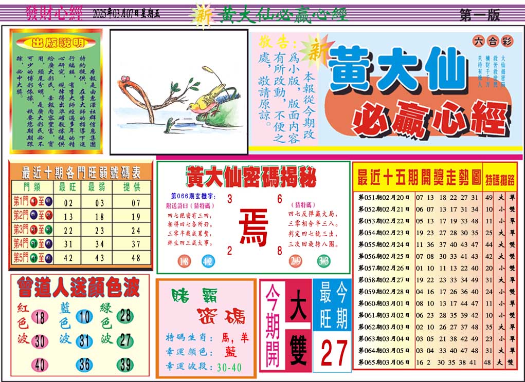 066期黄大仙必赢心经A[图]