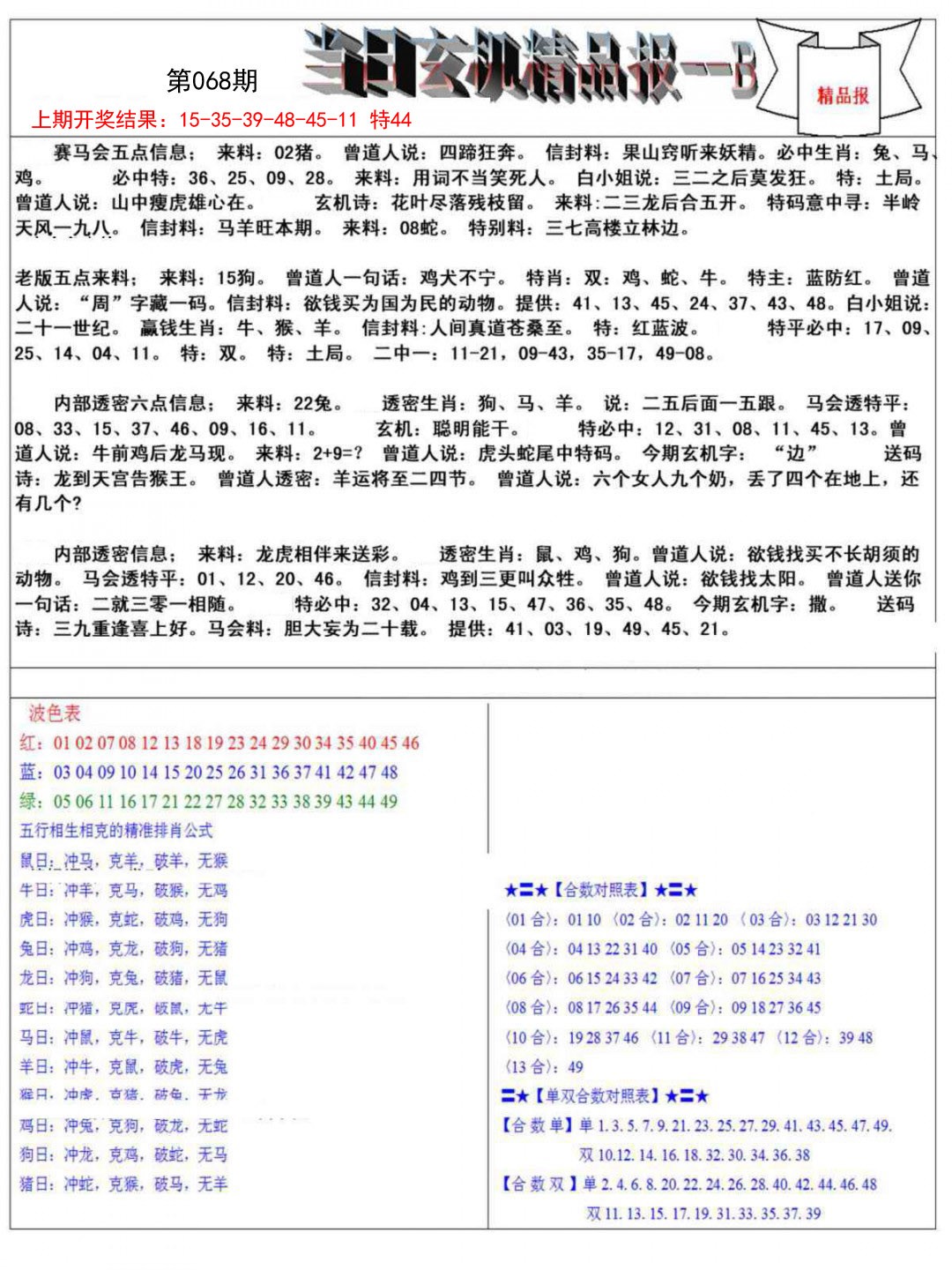 068期当日玄机精品报B[图]