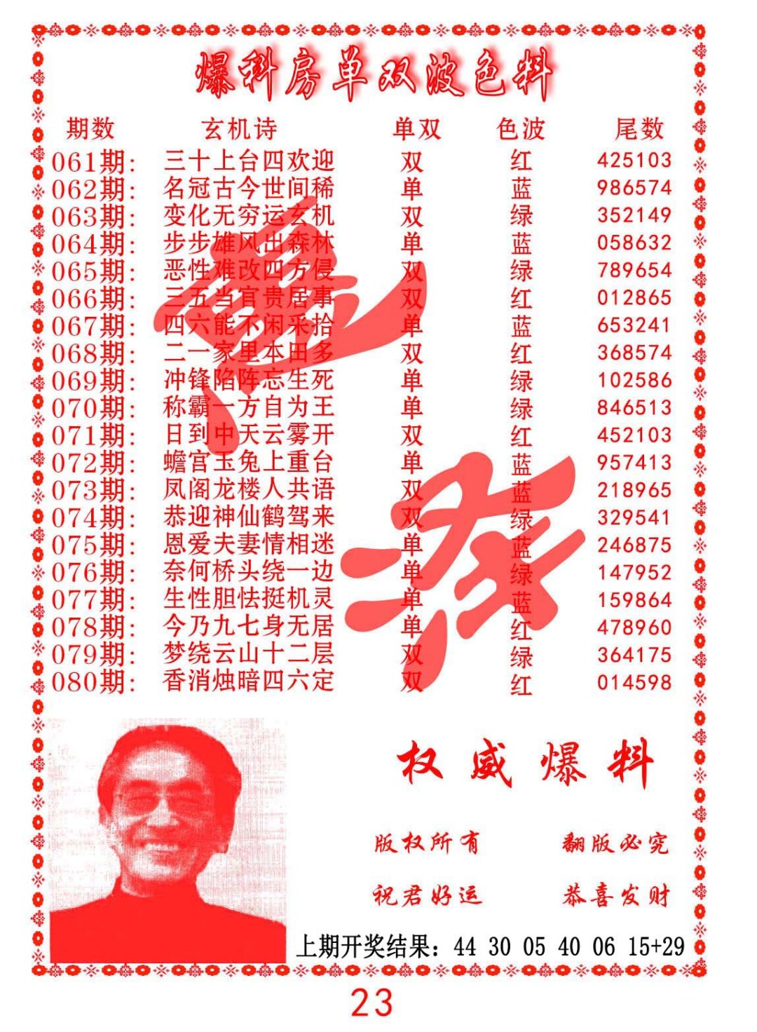 070期爆料房单双波色料[图]