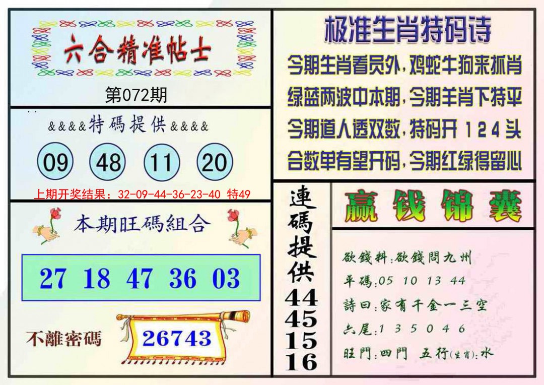 072期精准贴士[图]