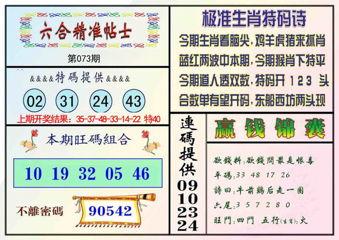073期精准贴士[图]