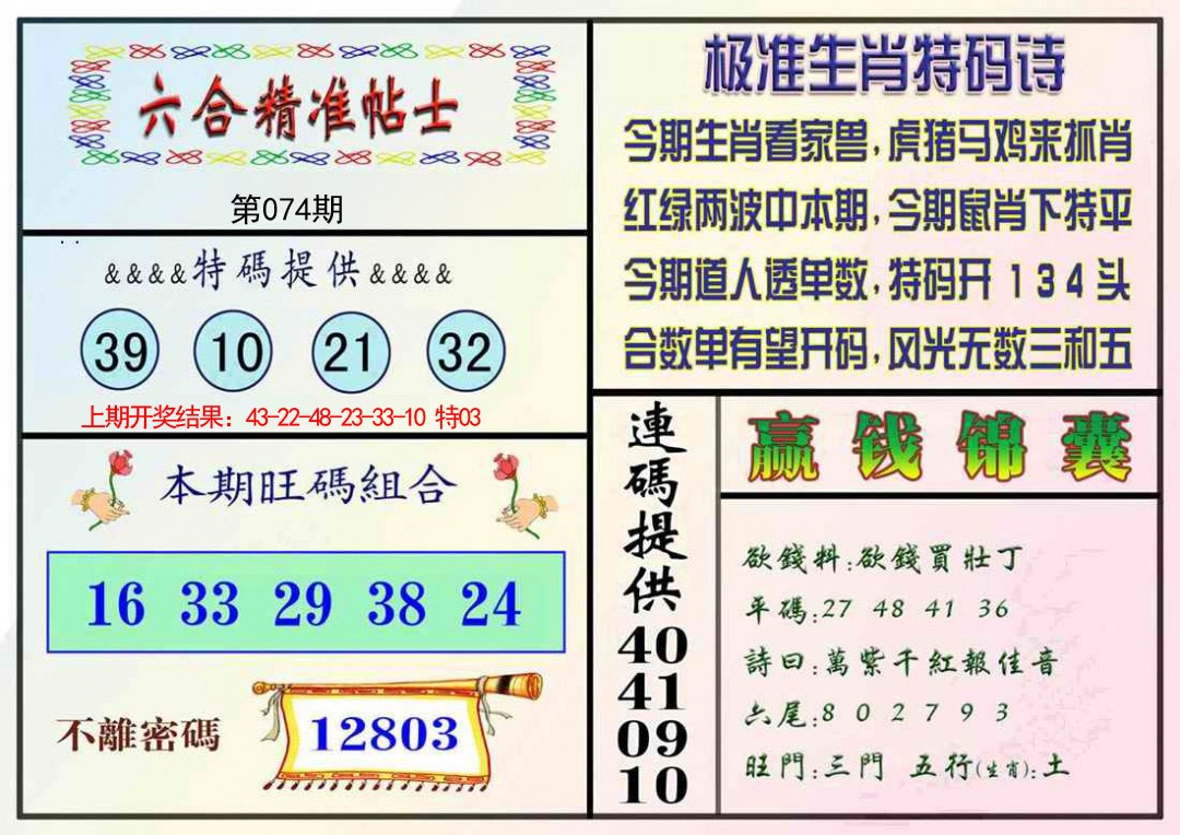 074期精准贴士[图]