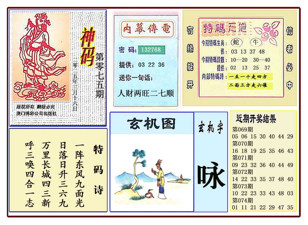 075期黄大仙神码[图]
