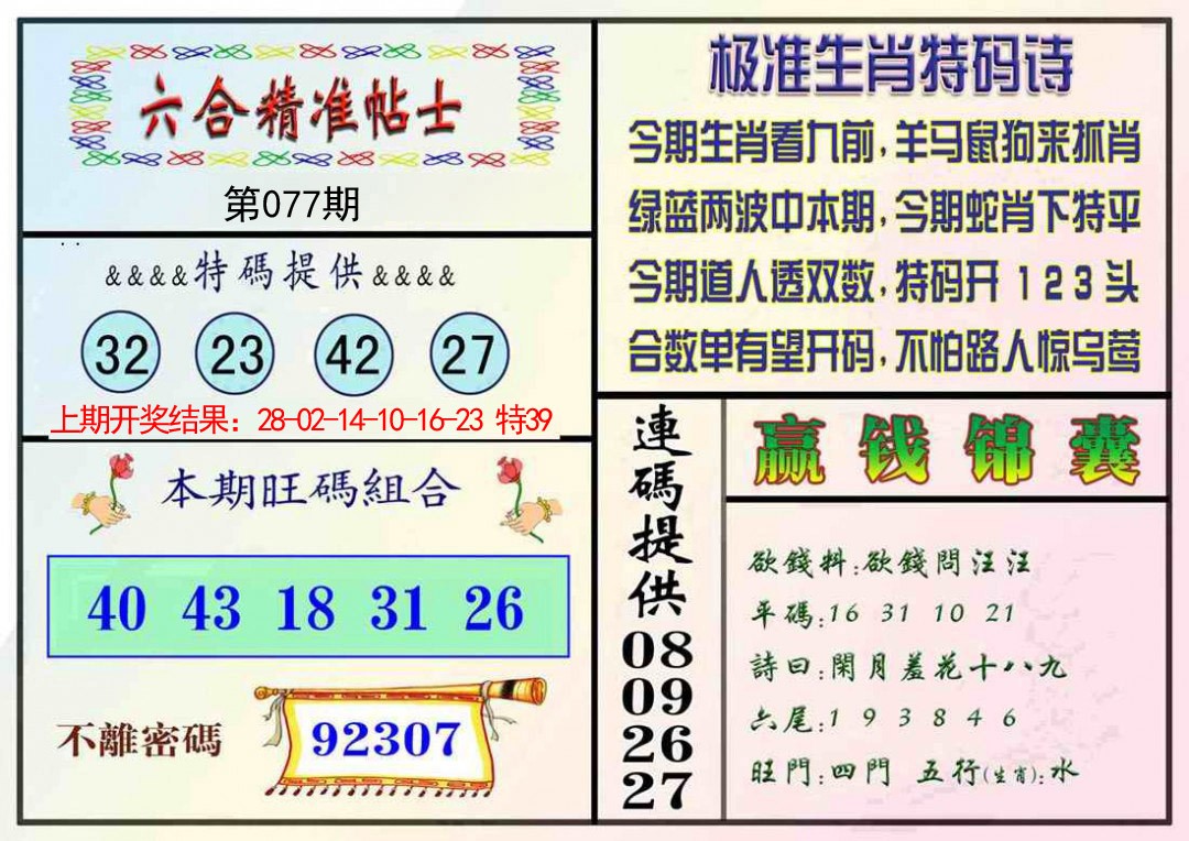 077期精准贴士[图]