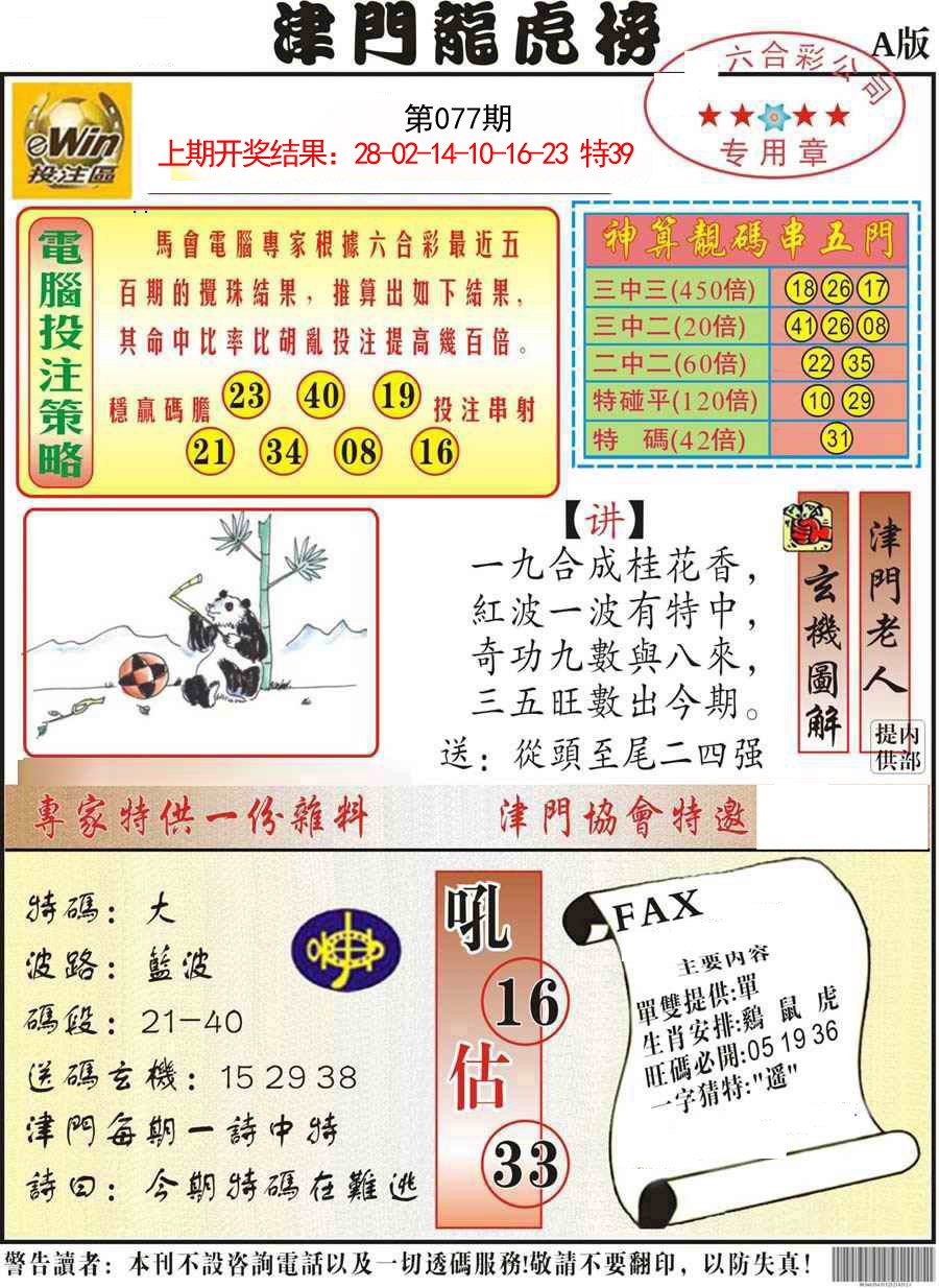 077期津门龙虎榜A[图]