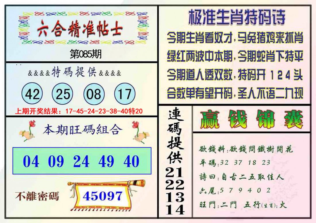 085期精准贴士[图]