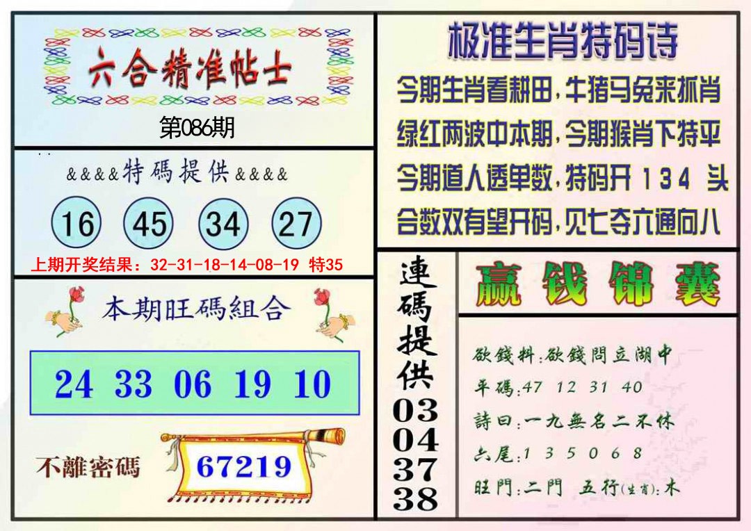 086期精准贴士[图]