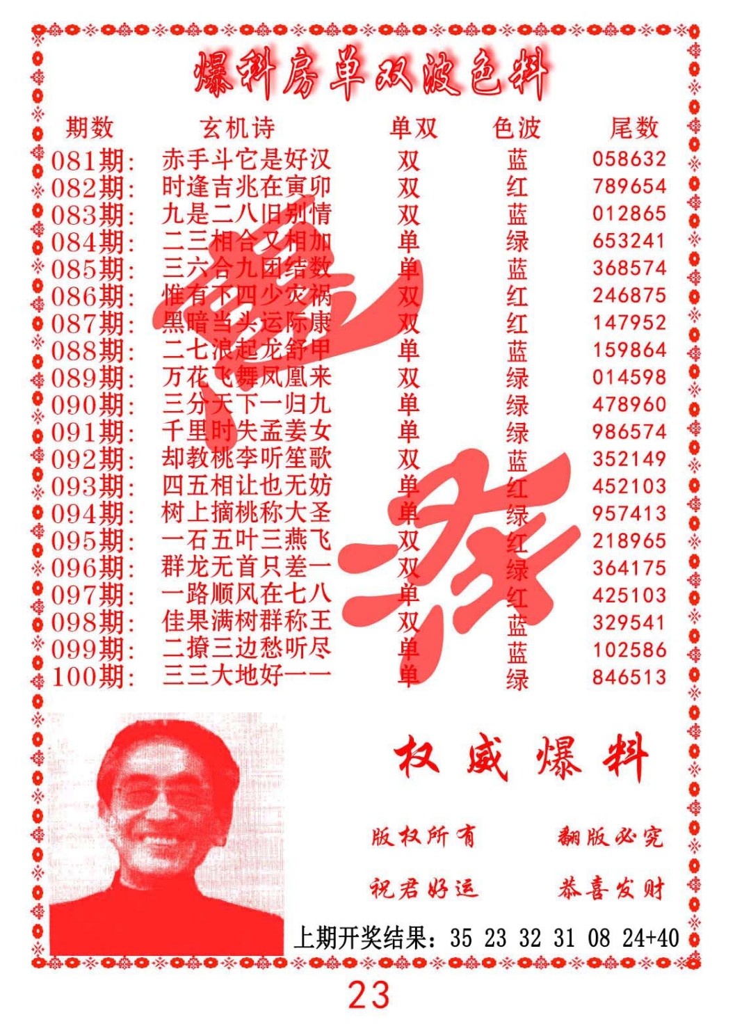 092期爆料房单双波色料[图]