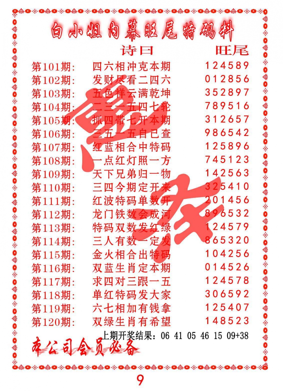 115期内幕旺尾特码料[图]