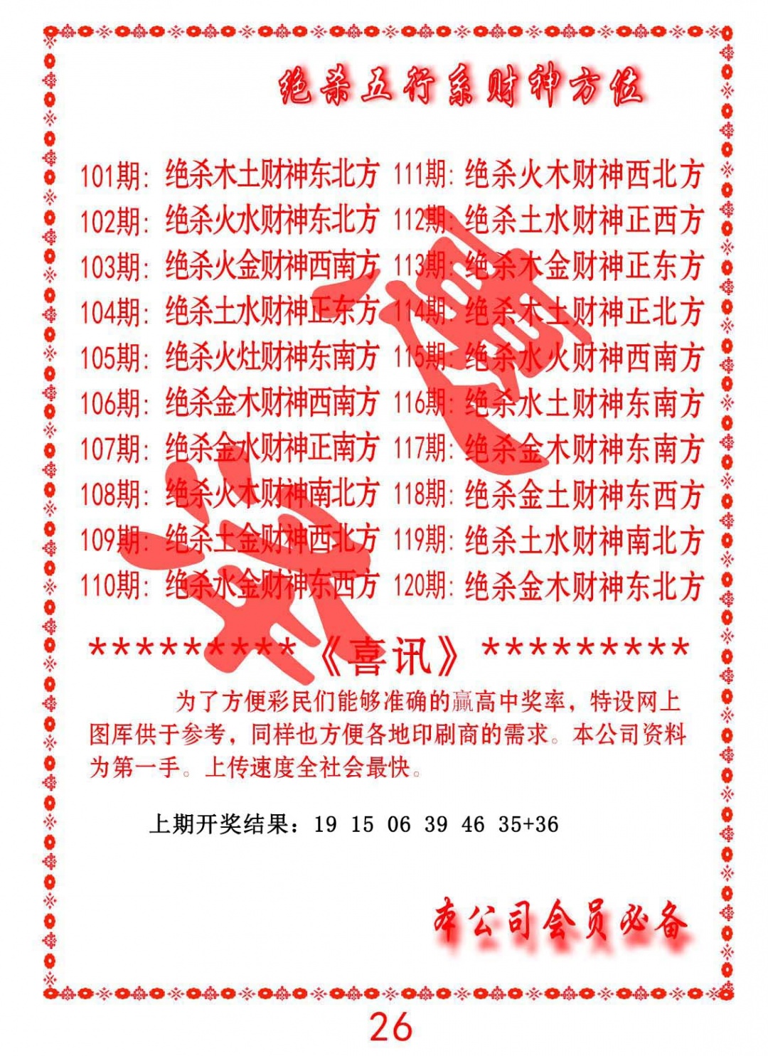 119期绝杀五行及财神方位[图]