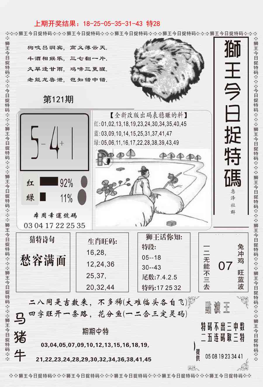 121期狮王今日抓特码[图]