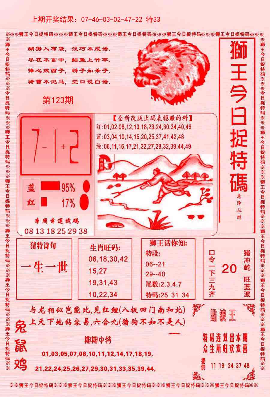 123期狮王今日抓特码[图]