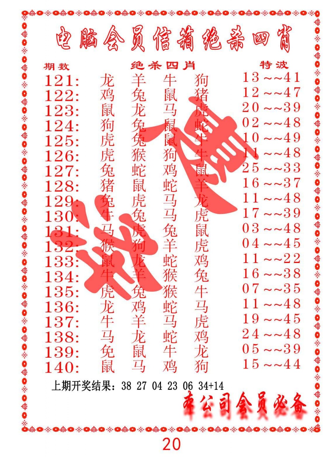 135期电脑会员-绝杀四肖[图]