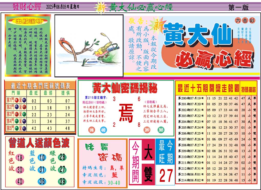 215期黄大仙必赢心经A[图]