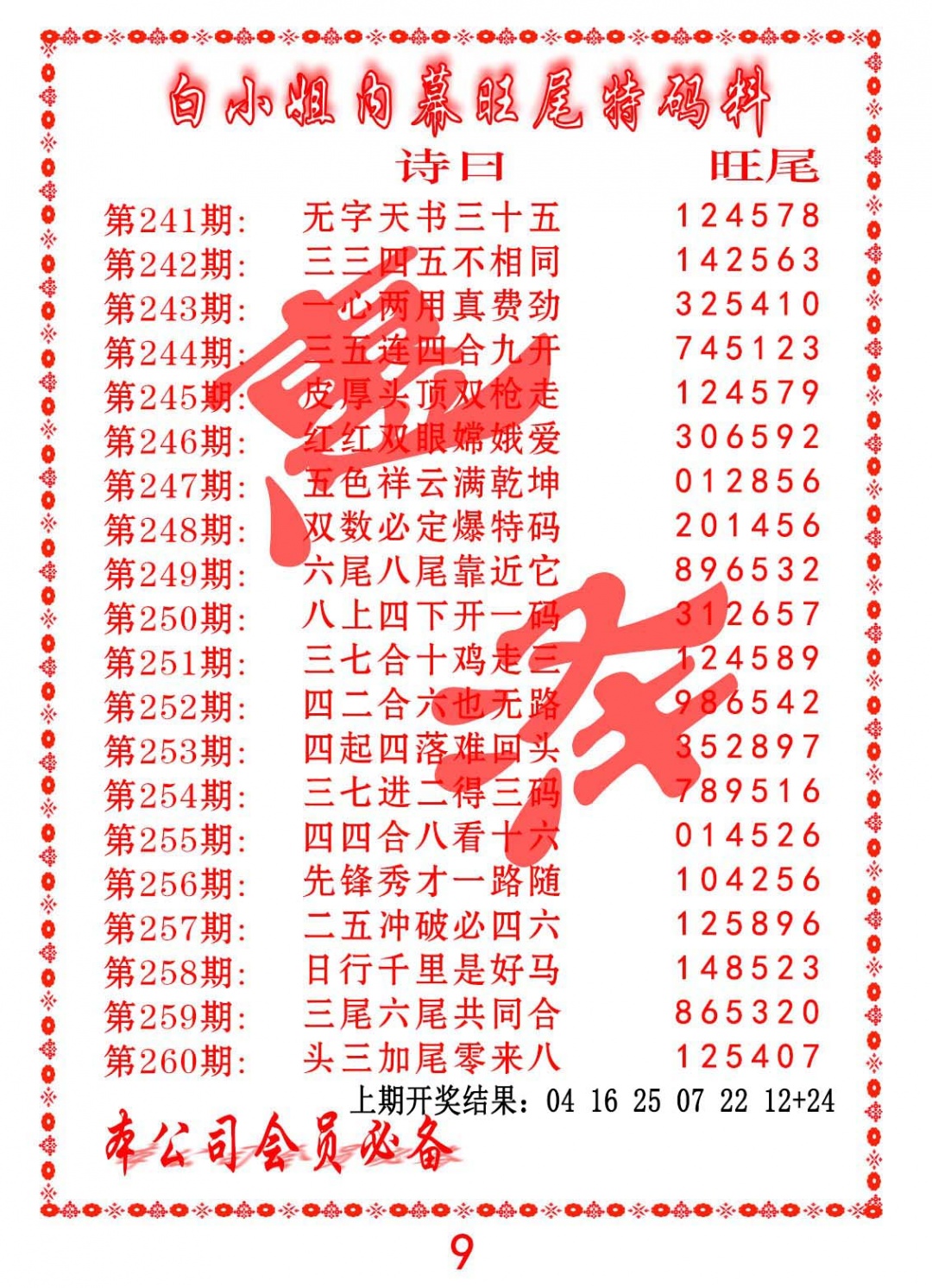 245期内幕旺尾特码料[图]