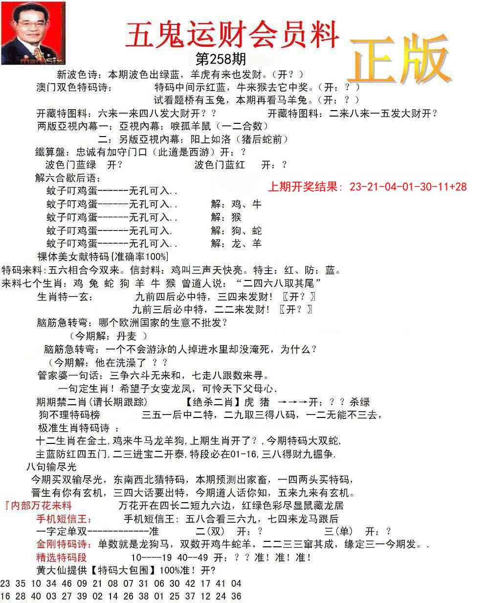 258期正版五鬼运财会员料[图]