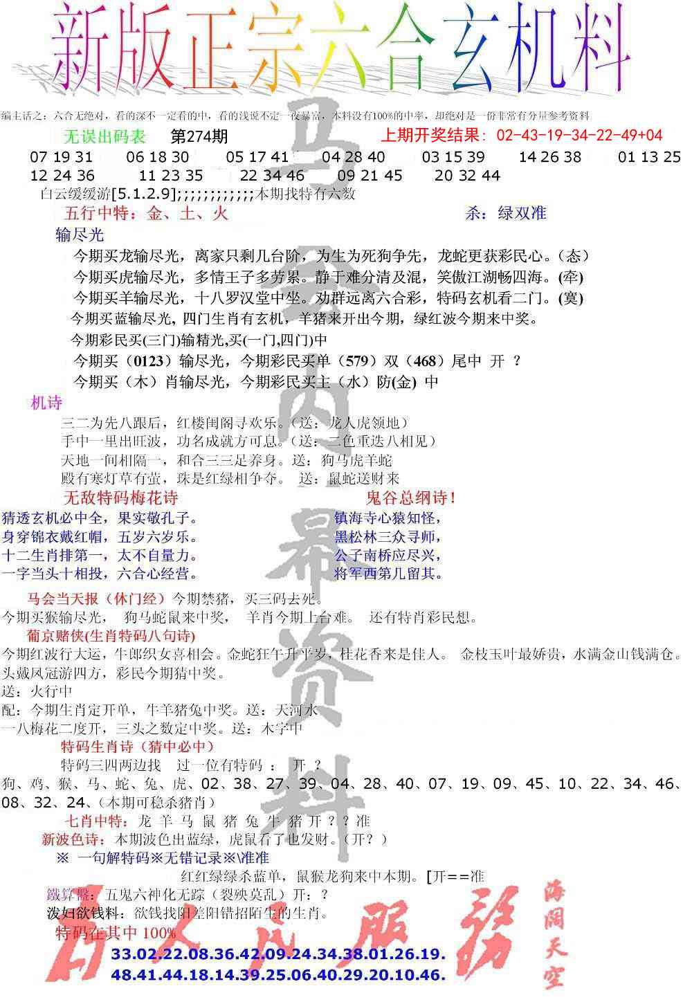 274期正宗六合玄机料[图]