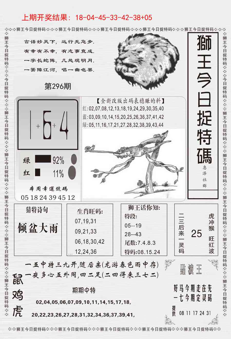 296期狮王今日抓特码[图]